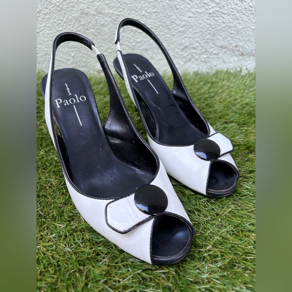 Vintage Linea Paolo White and Black Leather Slingback Heels Size 6
